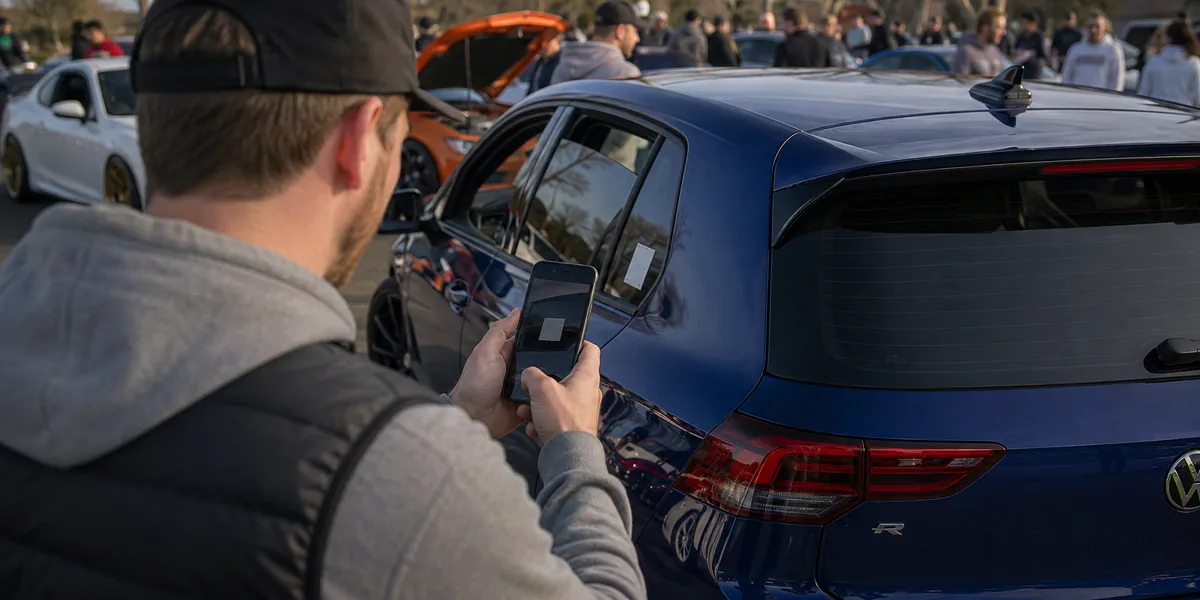 Someone holding a phone up to a ShowSheet sticker on a Golf R at Cars & Coffee