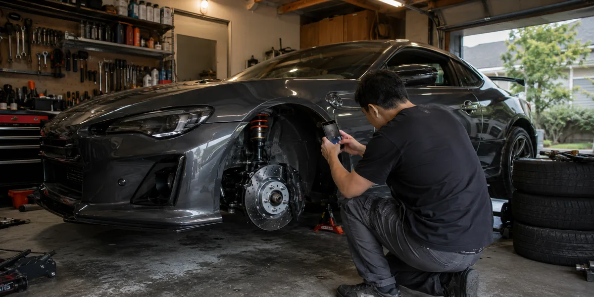 An owner photographing his car’s brakes mid-job in the garage